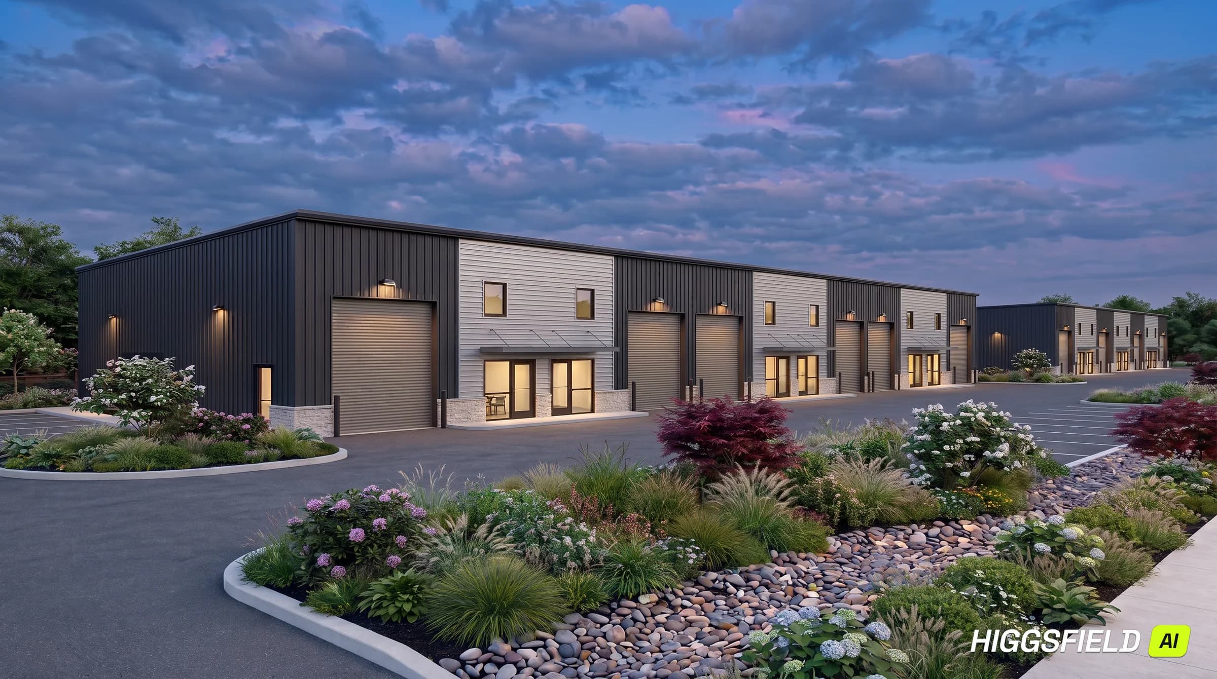 Rendering — dusk exterior of a small-bay flex building, roll-up doors and glazed suite entries along a drive