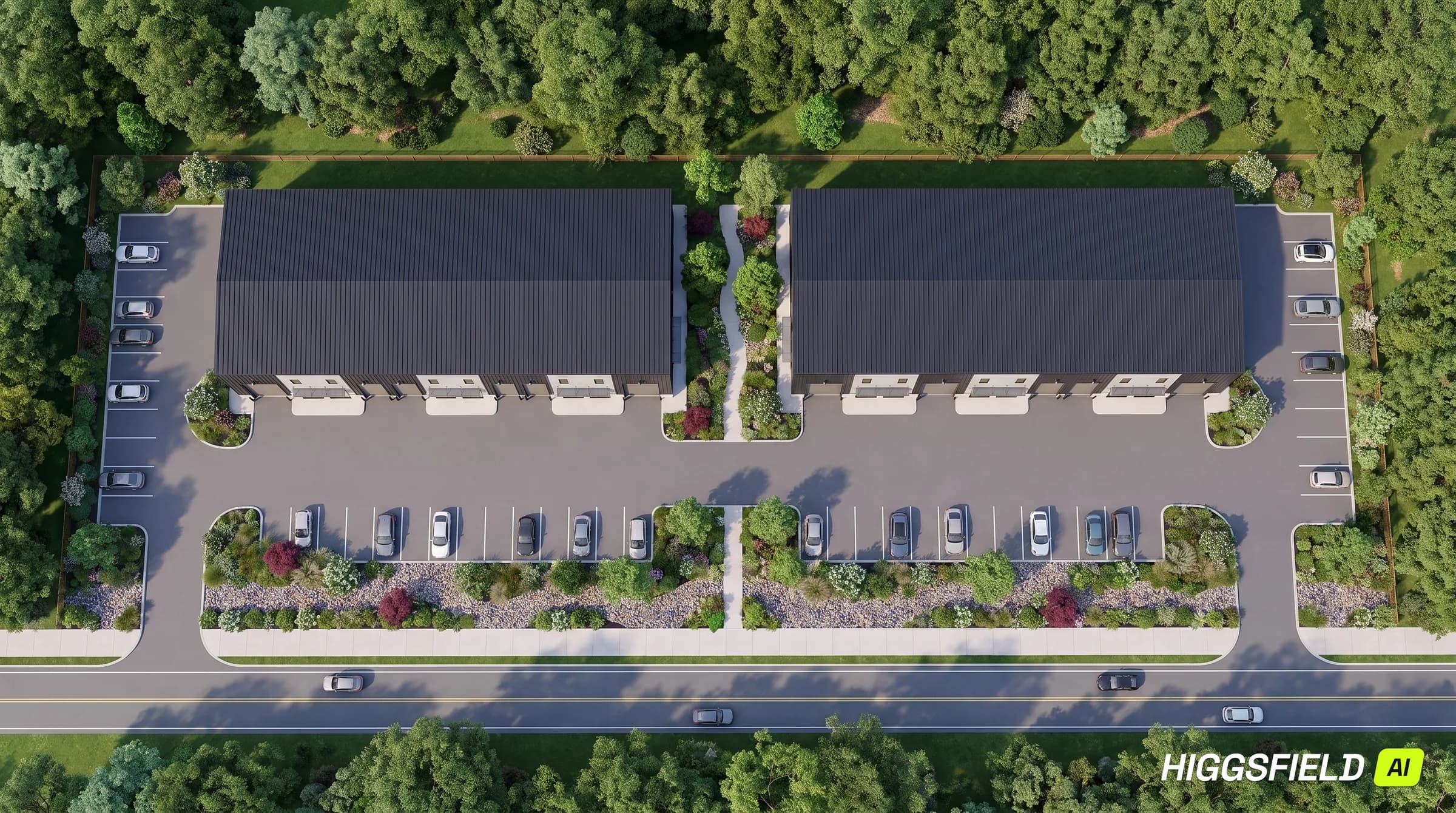 Rendering — overhead site layout, two bars either side of a drive with parking to the frontage